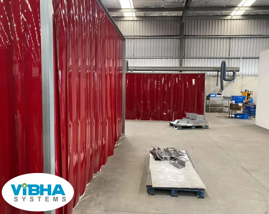 red color welding booth strip curtains for chennai fabrication unit
